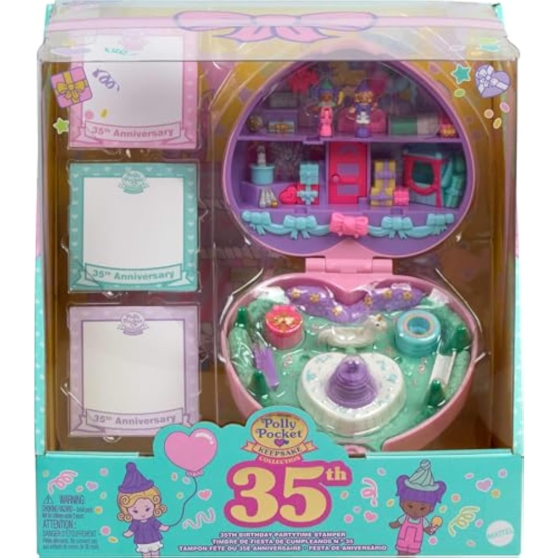 Polly Pocket Dolls and Playset, Collector Heritage Compact, 35th Birthday Partytime Stamper with 2 Dolls, 3 Party Stamps, and 12 Stationary Cards, HWP20
