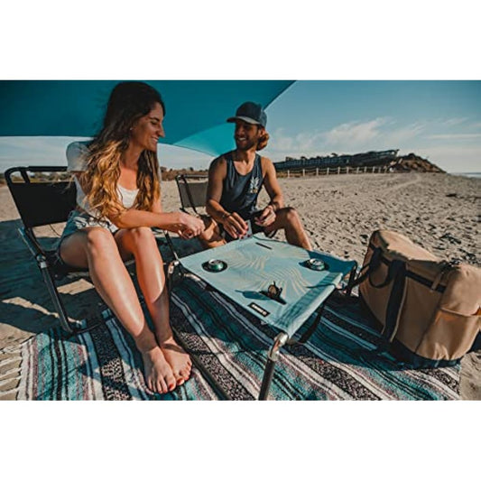 Neso Portable Beach Table with Cup Holders, Cell Phone Pockets, Lightweight for Picnics and Parks (Aqua Fronds)