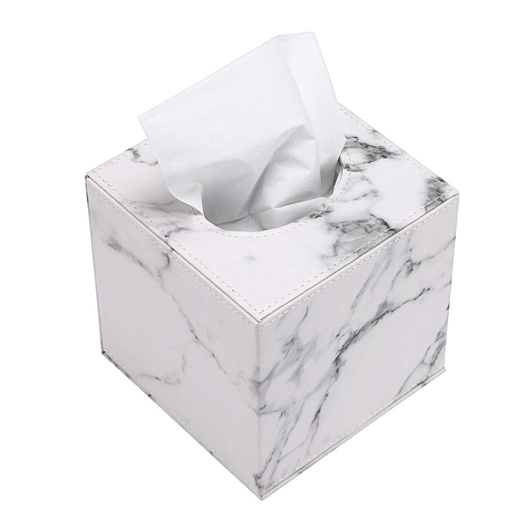 BSTKEY PU Leather Household Office Cube Square Tissue Paper Holder Box Cover Case Napkin Holder (White Marble)