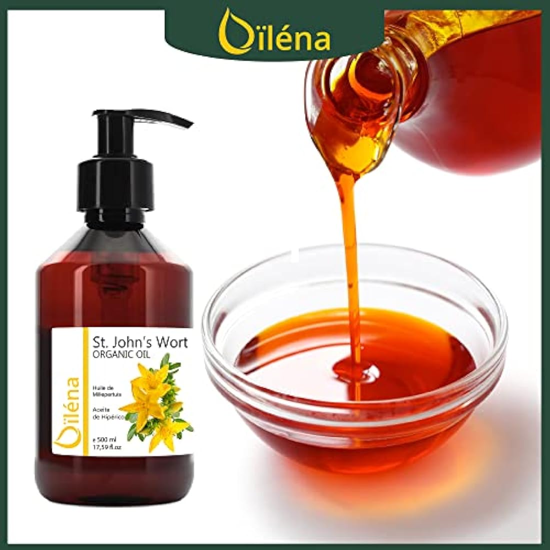 Oïléna - St. John's Wort Hypericum Oil 500 ml | Natural Cold Pressed Massage Oil | Body & Face Relaxing Oil | Anti Stretch Mark & Hydrating Skin Care | Regenerative Skin Oil, 500 ml Pack