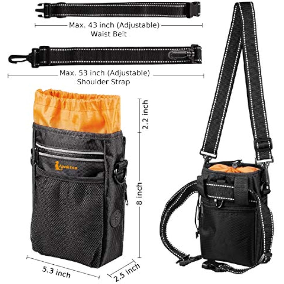 lanktoo Dog Treat Pouch Bag with Poop Bag Holder, Waterproof Puppy Training Walking Bag W/Shoulder Strap, Waist Belt and Clip, Easily Carrying Dog Toys, Food (Black+Orange)