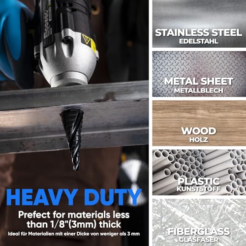 toolant Four Spiral Flute Cobalt Step Drill Bit(Pro Max), 4-22mm Impact Ready Four Spiral Flutes Unibit Step Bit, 1/4" Hex Shank Unibit for Metal, Stainless Steel, Aluminum, Wood, Plastic