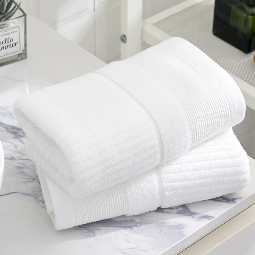 sense gnosis 100% Cotton White Hand Towel Set of 2 Thick Ribbed Striped Soft Quick Dry and Absorbent Bathroom Decorative Hand Towel 13 x 29 Inch