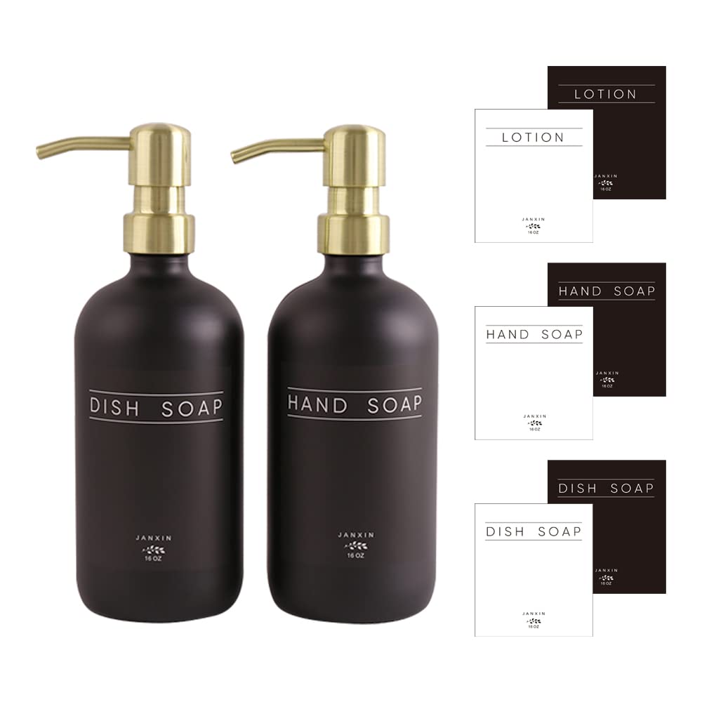 Janxin Glass Soap Dispenser for Bathroom, Pack of 2, Kitchen Sink Soap Dispenser with Pump, Dish Soap, Lotion (Black Bottles + Golden Pumps)
