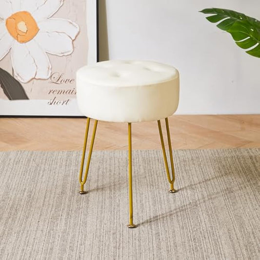 IBUYKE Faux Leather Round Footrest Stool, Makeup Vanity Stool Side Table, PU Dressing Table Seat, Pouf Couch Stool, Golden Steel Legs, White L/G-31W