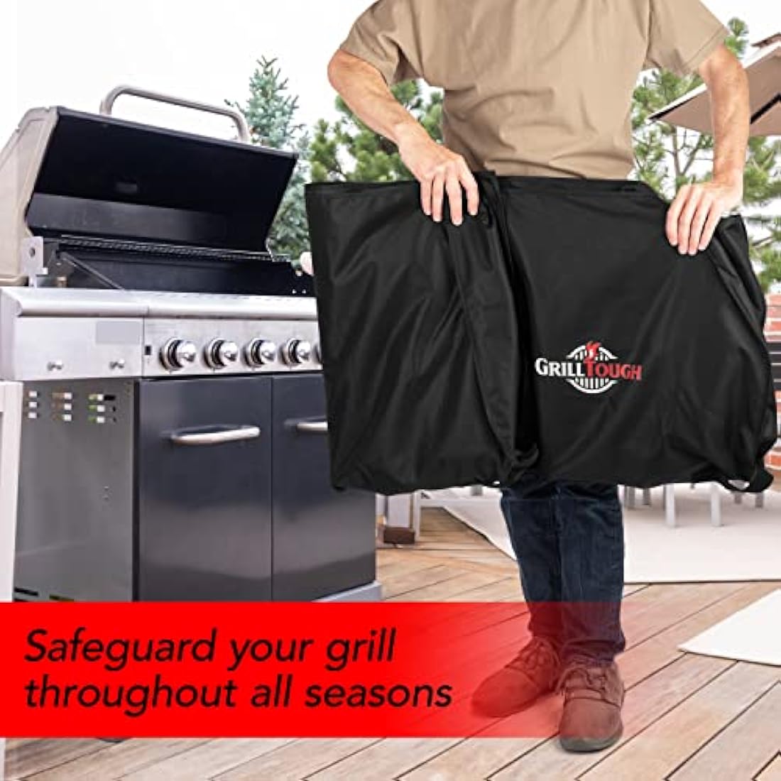 GrillTough Heavy Duty BBQ Grill Cover for Outdoor Grill – Waterproof, Weather Resistant, UV & Fade Resistant with Adjustable Straps – Gas Grill Cover for Weber, Charbroil (147L x 61W x 122H cm)