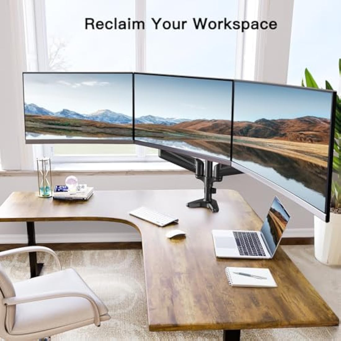 HUANUO Triple Monitor Stand Desk Mount for 17-32 Inch Screens, Adjustable Arms With Tilt, Swivel, 2 Mounting Bases, Each Arm Holds up to 8KG, VESA 75x75 100x100