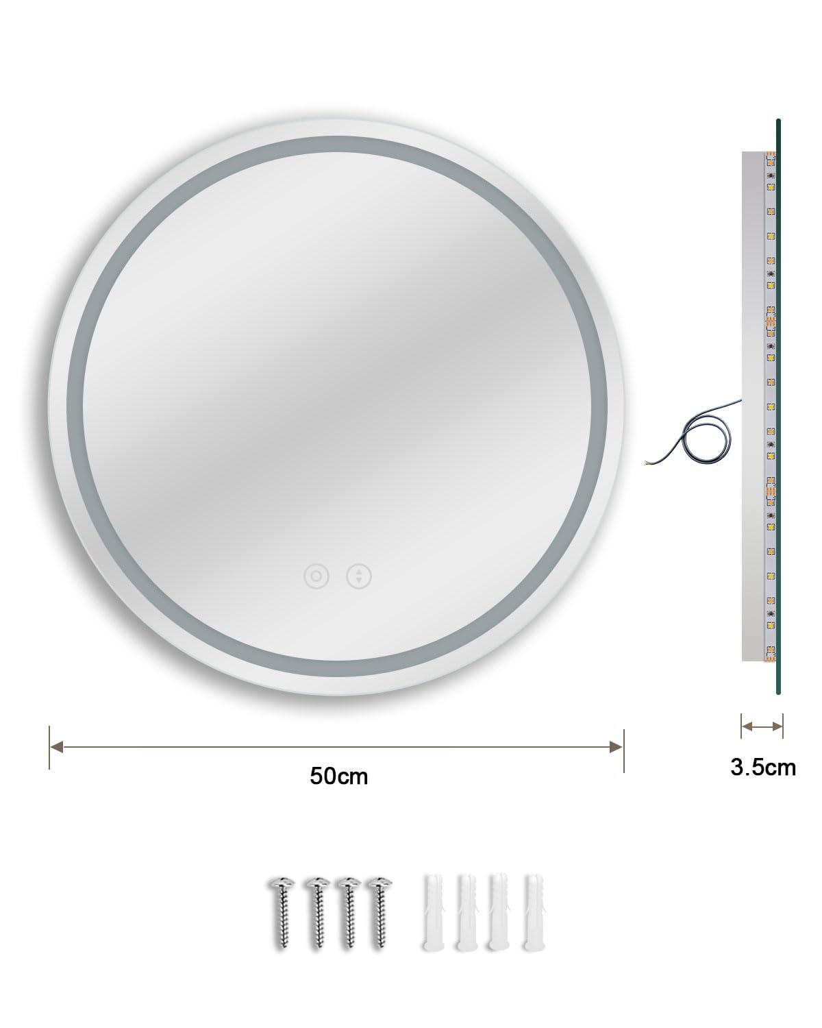 Dripex 500mm Round Bathroom Mirror with LED Light, Illuminated Circle Wall Mounted Vanity Makeup Mirror with Demister, Anti-fog, 3-Color Dimmable LED