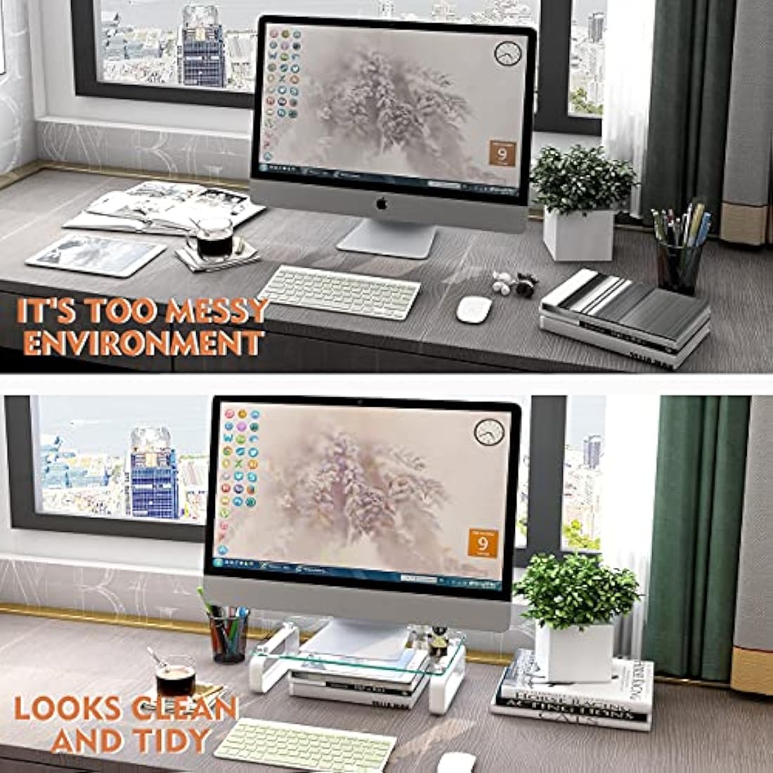 Hemudu Clear Computer Monitor Stand Riser Multi Media Desktop Stand for Flat Screen LCD LED TV, Laptop/Notebook, with Tempered Glass and Metal Legs, HD02T-001P