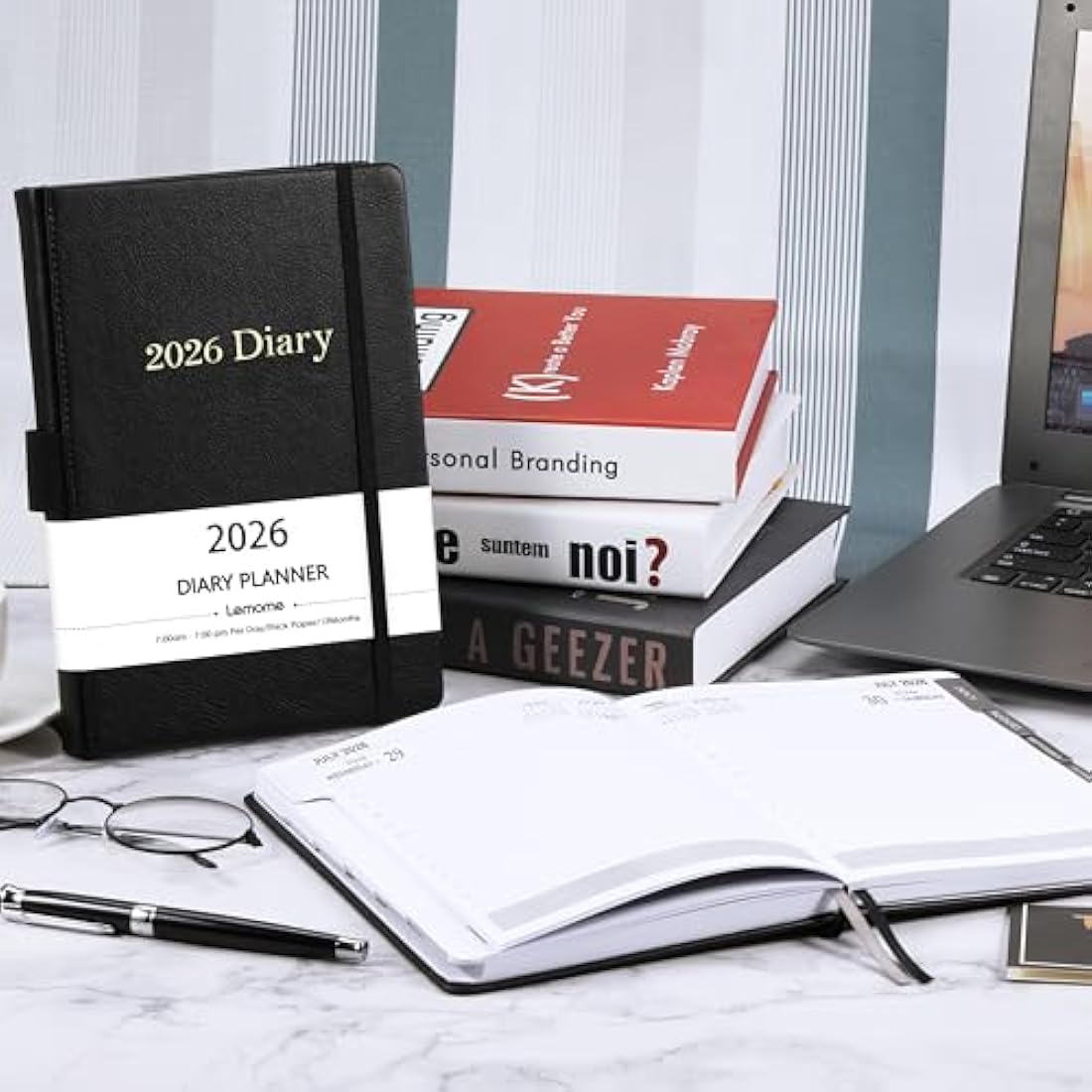 2026 Diary - Diary 2026 Page a Day from January 2026 to December 2026, Productivity Daily Planner with Monthly Tabs, Inner Pocket, Grey, Banded,14.3 X 21 cm