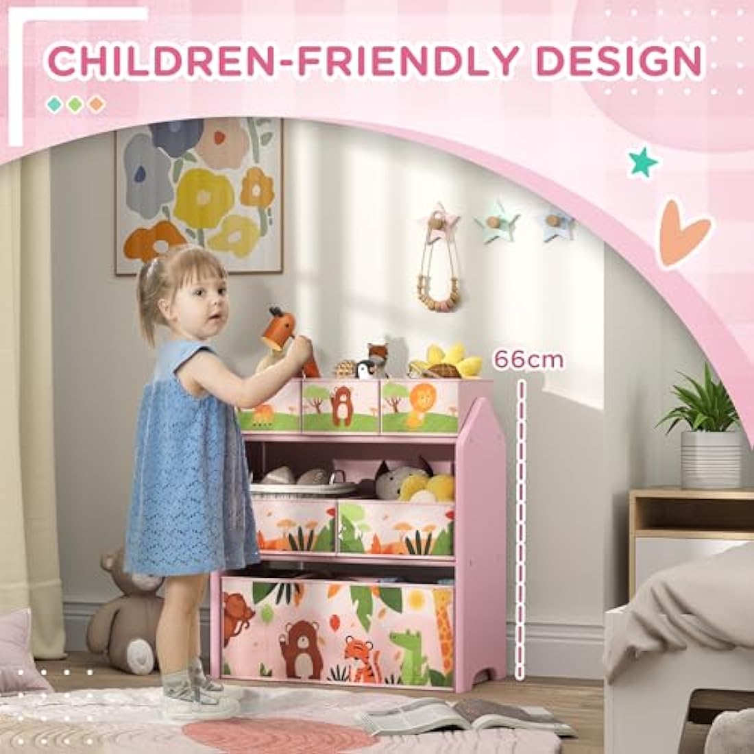 AIYAPLAY Kids Storage Unit, 3-Tier Toy Organiser Shelf with 6 Removable Storage Boxes, for Playroom, Bedroom, Children's Room, Nursery, Pink