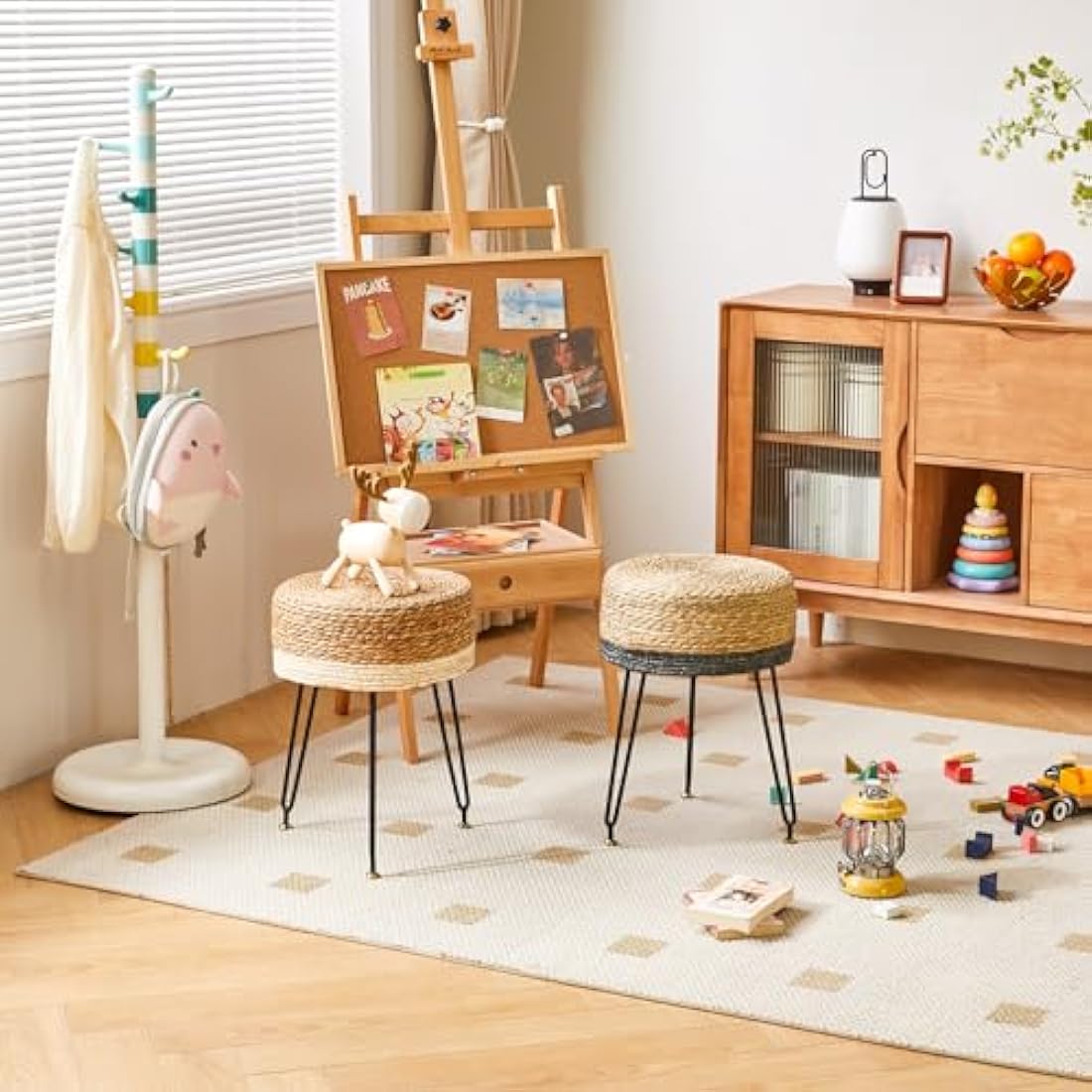 YMYNY Footstool Natural Seagrass Hand Weave, Vanity Makeup Stool, Pastoral Style Footrest, Padded Foot Rest with Metal Legs, Foot Rest Sofa Stool, for Living Room, 32×32×45CM Natural&White HBD029W