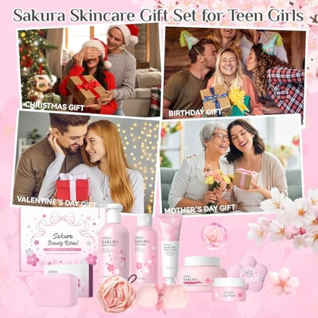9 Pcs Bath Gift Sets, Pamper Gifts for Women, Sakura Bath Sets for Women Gifts with Body Wash, Lotion, Soap, Bath Bomb, Scrub, Hand Cream & Lip Mask, Home Spa Skincare Gift Set for Mom Teen Girls