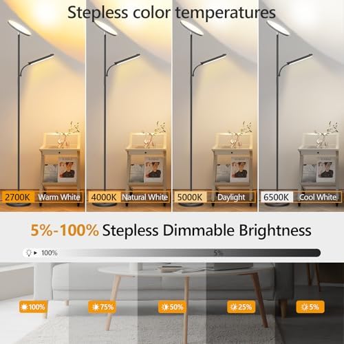 LED Uplighter Floor Lamp, Super Bright Stand Lamp, Dimmable Brightness and 4 Color Temperatures, Remote & Touch Control for Living Room Bedroom Office (Carbon Black)