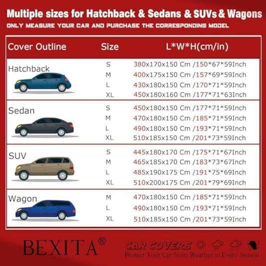 BEXITA Car Cover Waterproof Outdoor All Weather Windproof Snowproof UV Protection Full Car Covers Fit for Saloon; Size XL: MAX 201in/510cm