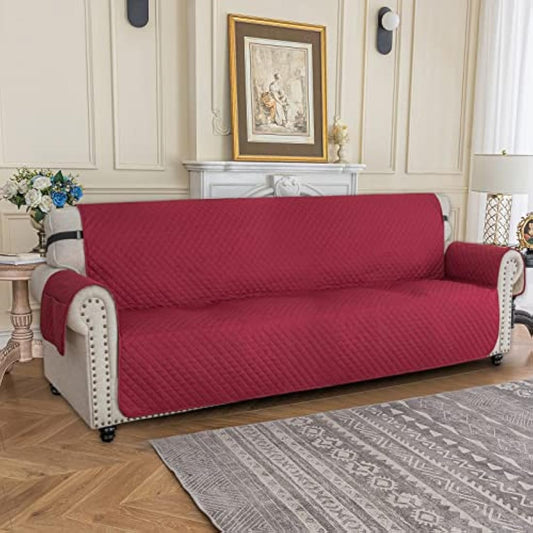 XINEAGE Quilted Sofa Covers 4 Seater, Water Resistant Sofa Slipcovers with Pockets, Extra Large Couch Covers for Dogs Pets, Reversible Sofa Protector with Elastic Strap Washable (XL-Sofa, Red)