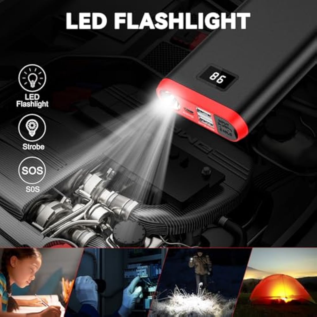 GREPRO Jump Starter Power Pack (up to 6.5L Gas, 4.0L Diesel), Car Battery Booster Jump Starter and Jump Pack for 12V Vehicles, Motorcycle, Battery Booster with LCD Screen and LED Flashlight