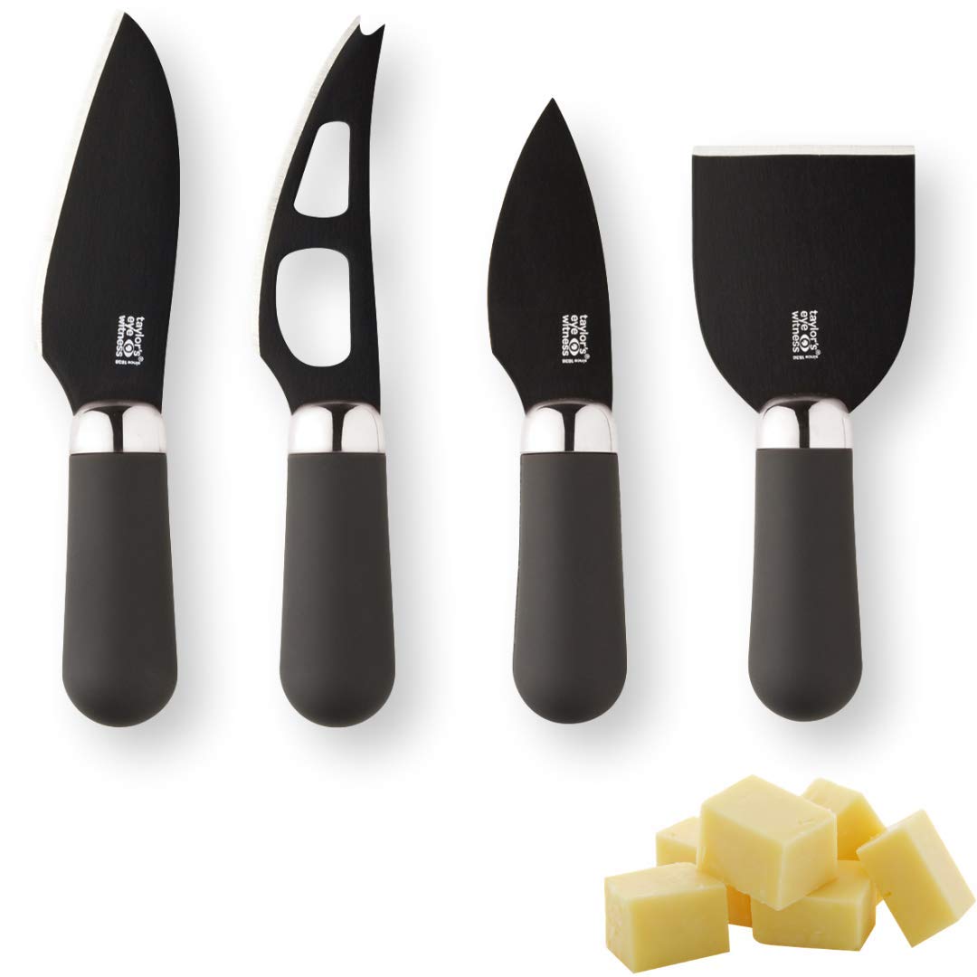 Taylors Eye Witness Chrome 4pc Cheese Knife Set - Stylish Brooklyn Range Cheese Knives Box Set. with Hard Ceramic Blades & Soft Grip Handles for Easy