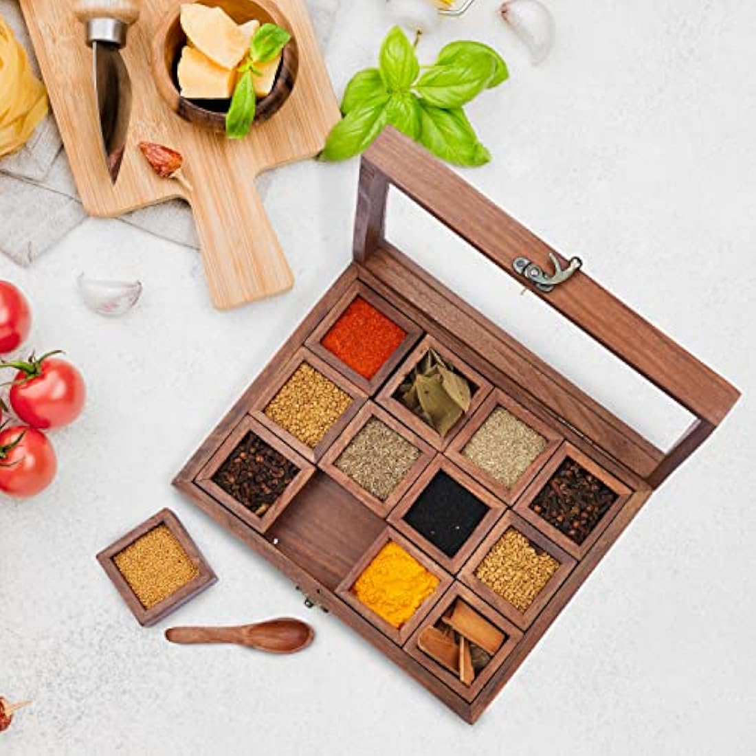Ajuny Wooden Spice Box - Masala Dabba Organizer with Glass Lid on Top, 12 Removable Compartments and 1 Designer Spoon Spice Storage Container, Ideal for Seasonings & Herbs Best Gifts