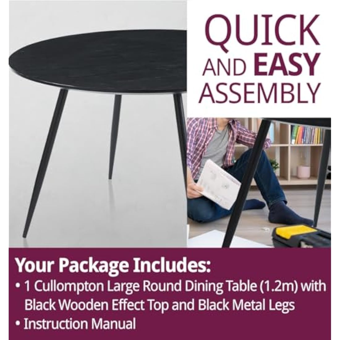 Hallowood Furniture Cullompton Large Black Dining Table with Black Metal Legs, Wooden Effect Top 4-6 Seater Round Table for Dining Rooms, Kitchens, or Cafés