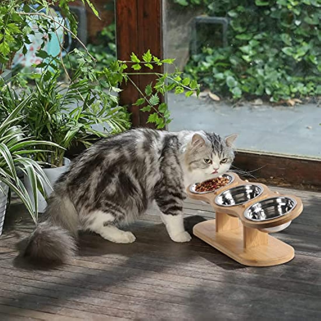 GHIAKQYT Cat Feeding Station, 3 Bowls, Raised Cat Bowl, Set of 3, Height Adjustable, Feeding Bowl with Wooden Stand, Stainless Steel Bowls for Water Food, Feeding Bowl for Cats, Small Dogs