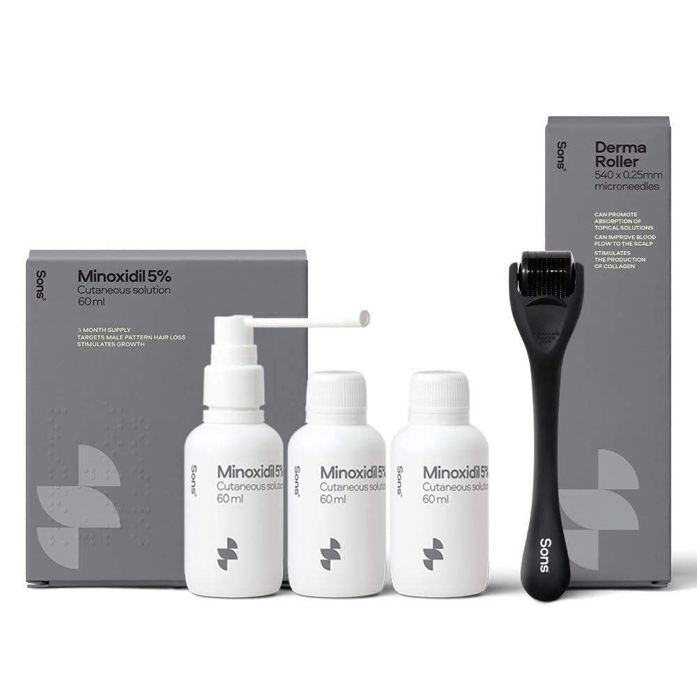 Sons Minoxidil 5% Spray (3x60ml) & 0.25mm Dermaroller for Men, Clinically Proven Hair Regrowth Formula, Hair Loss Treatment, Stimulates Follicles,
