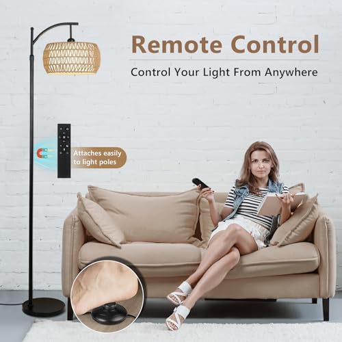Rayofly Arc Floor Lamp for Living Room, Dimmable Floor Lamps with Remote Control, Boho Standing Lamp with Rattan & Linen Double Shades, Black Reading Tall Lamp for Bedroom Office, 9W LED Bulb Included
