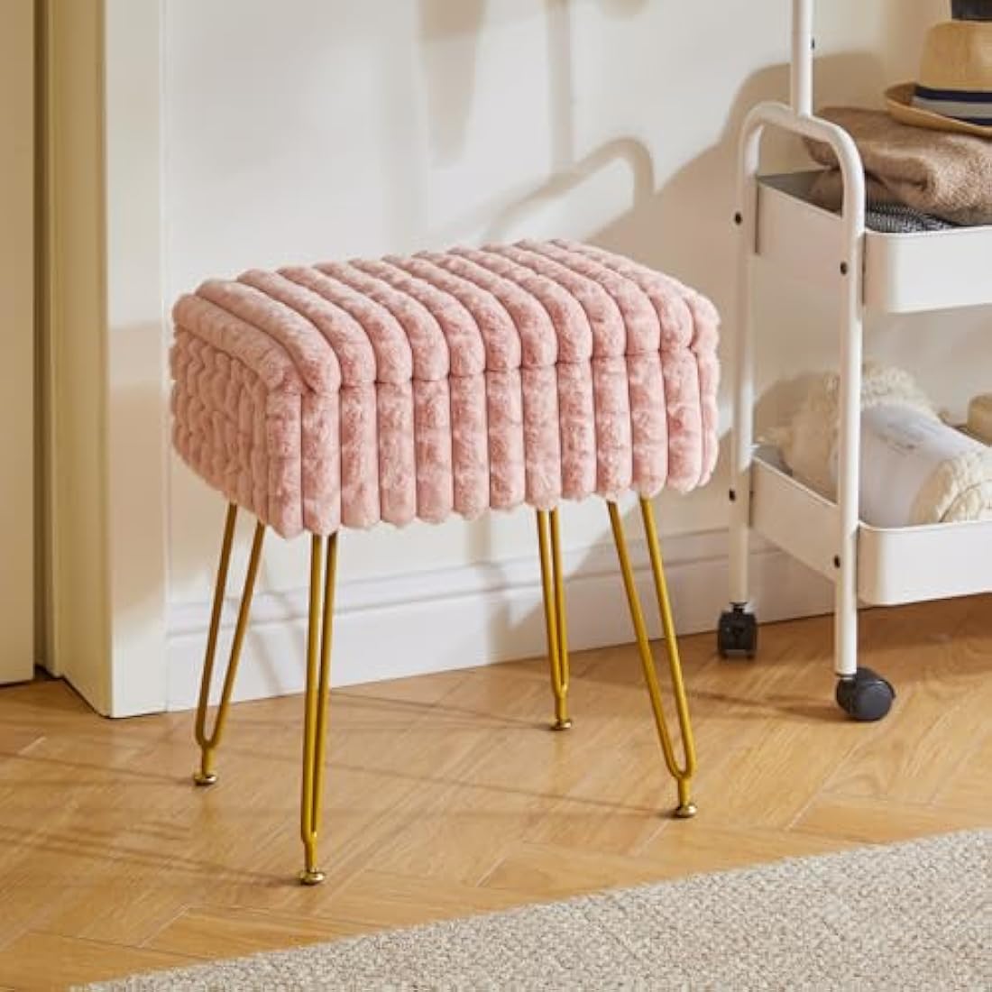 IBUYKE Rectangle Vanity Chair with Storage Space, Footrest Footstool Ottoman, Vanity Stool, Dressing Table Chair, with Anti-Slip Feet, for Makeup Room, Bedroom, Square grid pattern, Pink WBD004P