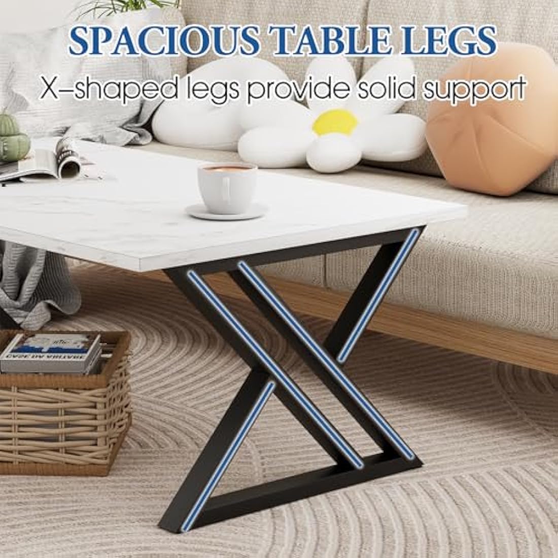 Coffee Table, Living Room Table, Center Tea Tables, Rectangular Tea Tables, End Sidetable with Black Metal Frame for Living Room Bedroom Office, Modern Open Design, 39.3 x 18.9 x 17.7 IN, White/Black