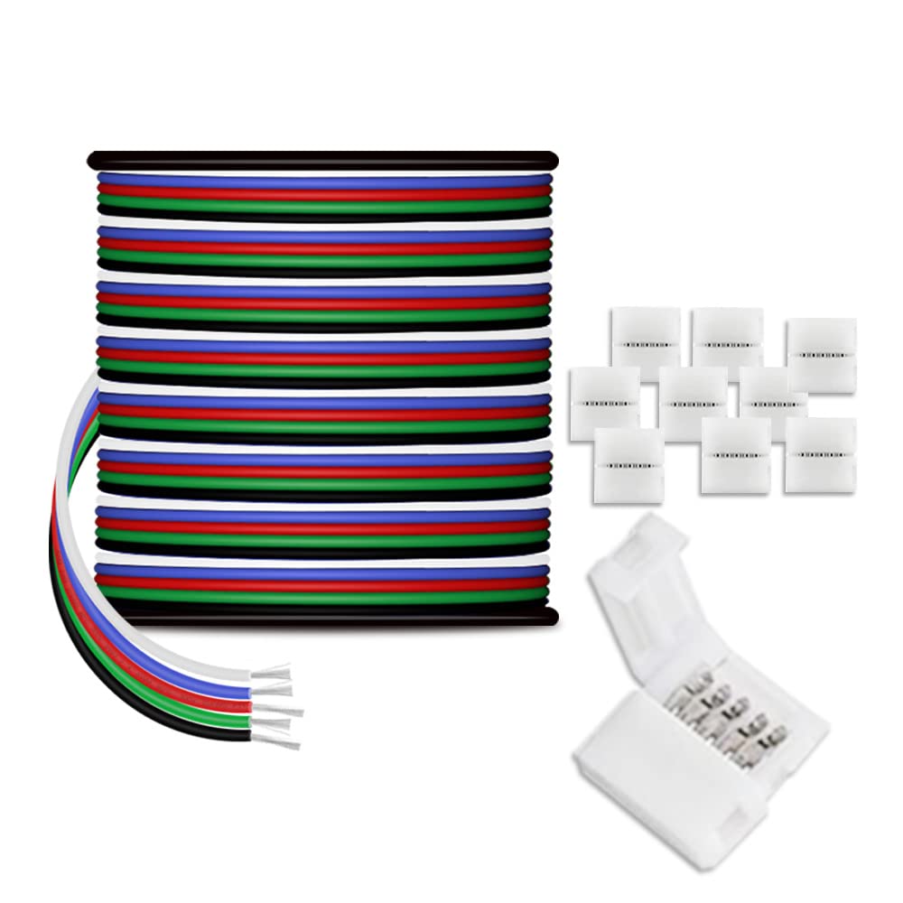 AOTOINK 30m/100ft RGBW LED Extension Cable 5x0,32mm? 22 Gauge 5Pin 12V DC Electrical Wire 5 Colors 22AWG Wires with 10PCS Connectors for RGBW 3528