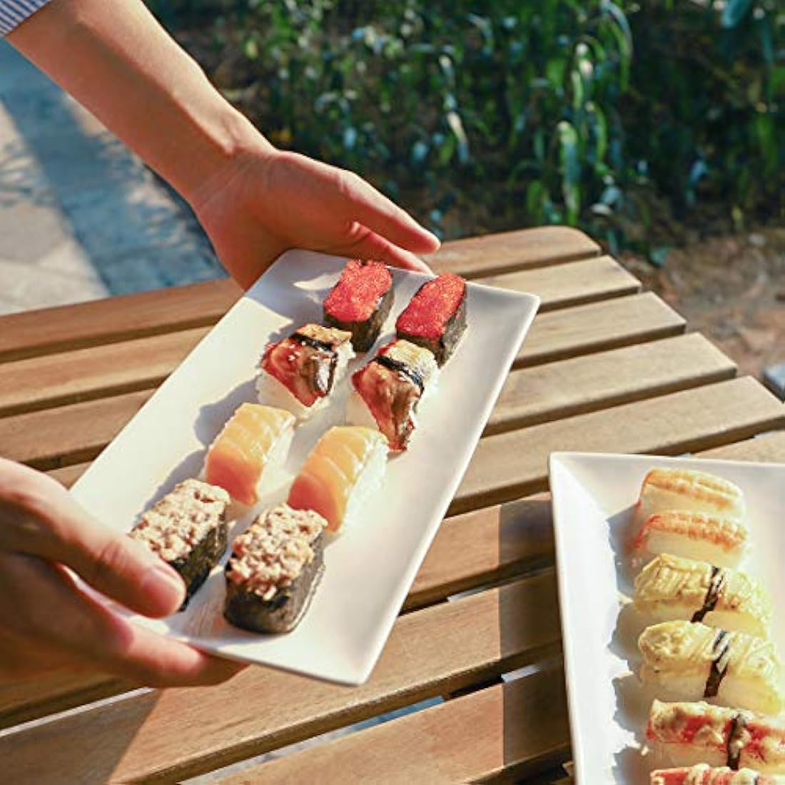 DOWAN Serving Platter – 12" x 6" White Ceramic Rectangular Plates – Set of 4 Oblong Porcelain Dishes for Sushi, Appetisers, Party Food, Steak, Cake, Dessert – Dishwasher Safe
