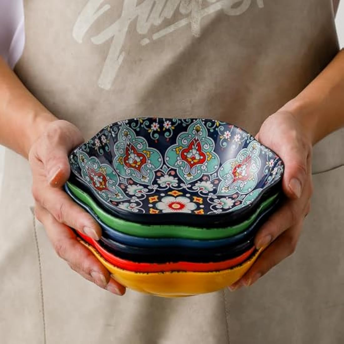 HENXFEN LEAD Porcelain Salad Bowl, 590ml Dessert Bowl Cereal Bowl, Multifunctional Flower Shaped Pasta Bowl for Ice Cream, Rice, Dessert, etc. Colourful, Pack of 6 - Bohemian Style