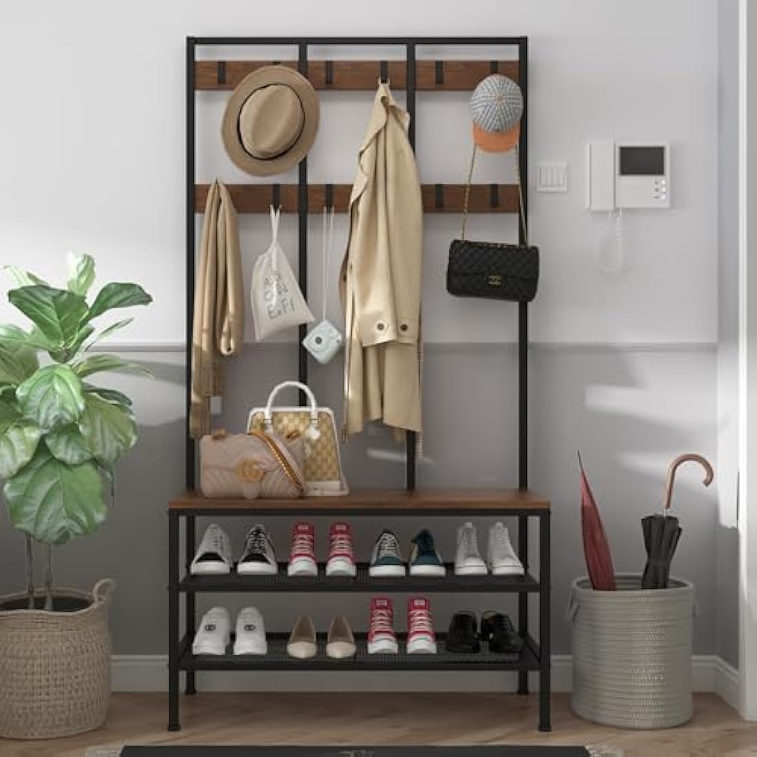 Dripex Large Coat Rack Stand Industrial Coat Stand with Hooks and Shoe Bench Clothes Hat Rack Shelf Metal Frame for Bedroom Living Room Hallway (with 12 Hooks)