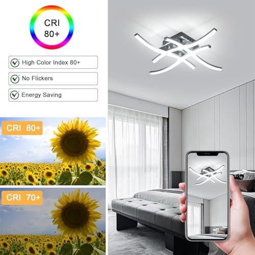 Dorlink LED Ceiling Lights, Modern Dimmable Light with Remote Control, Elegant Curved Design Chandelier 4 Built-in Boards, 28W 2350LM Silver Chrome Lighting for Living Room, Bedroom