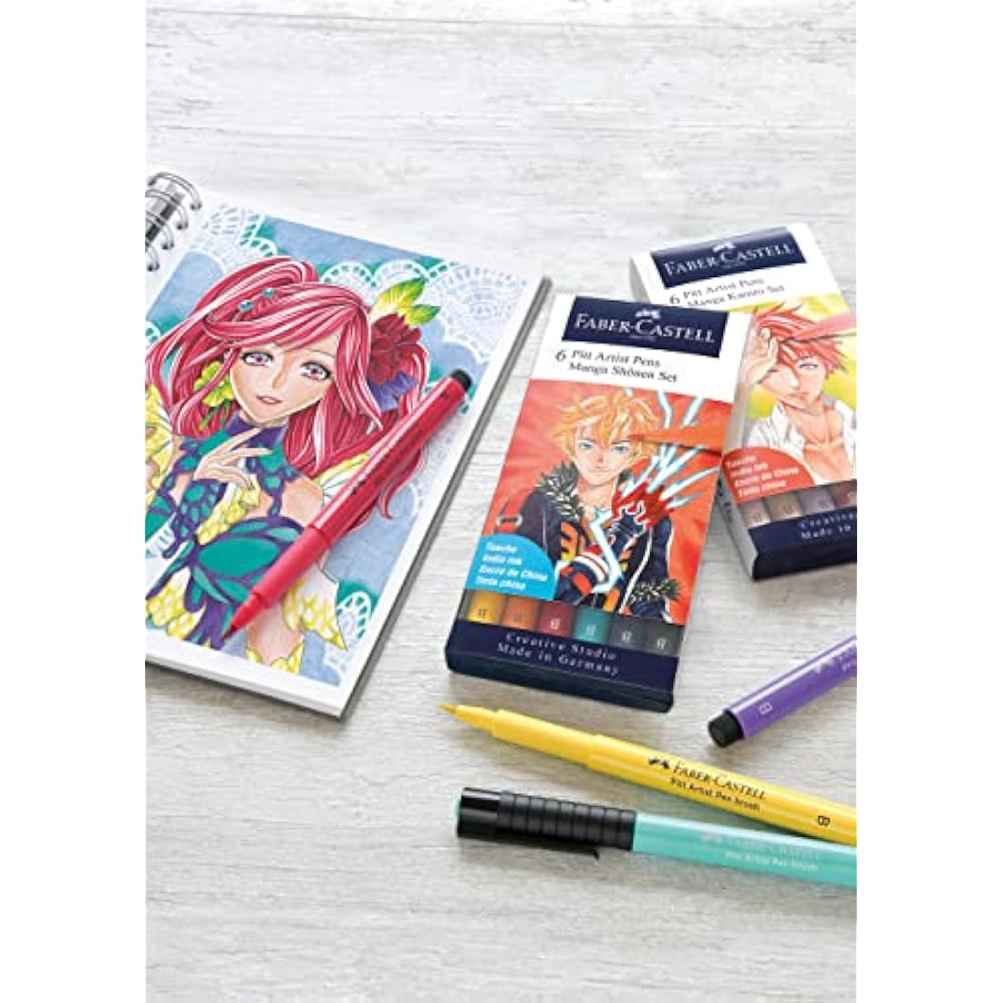 Faber-Castell Creative Studio Pitt Artist Pen Brush India Ink Pen, Shônen, Wallet Of 6, For Art, Craft, Drawing, Sketching, Home, School, University, Colouring