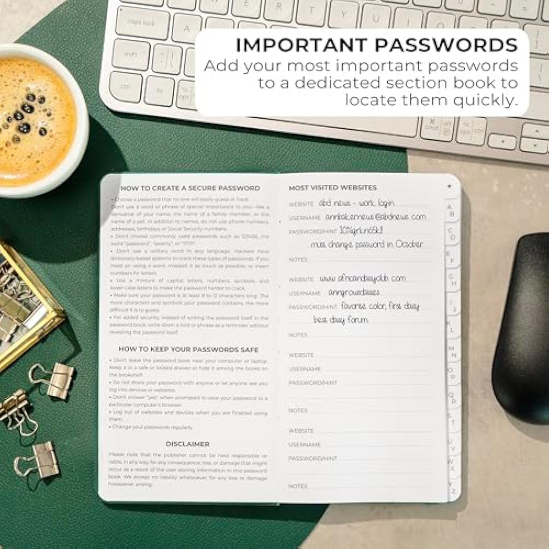 Clever Fox Password Book 2nd Edition – Hardcover Password Keeper with Laminated Alphabetical Tabs – Internet Address Notebook & Login Details Organizer Journal – 10.4x19.3cm (Aquamarine)