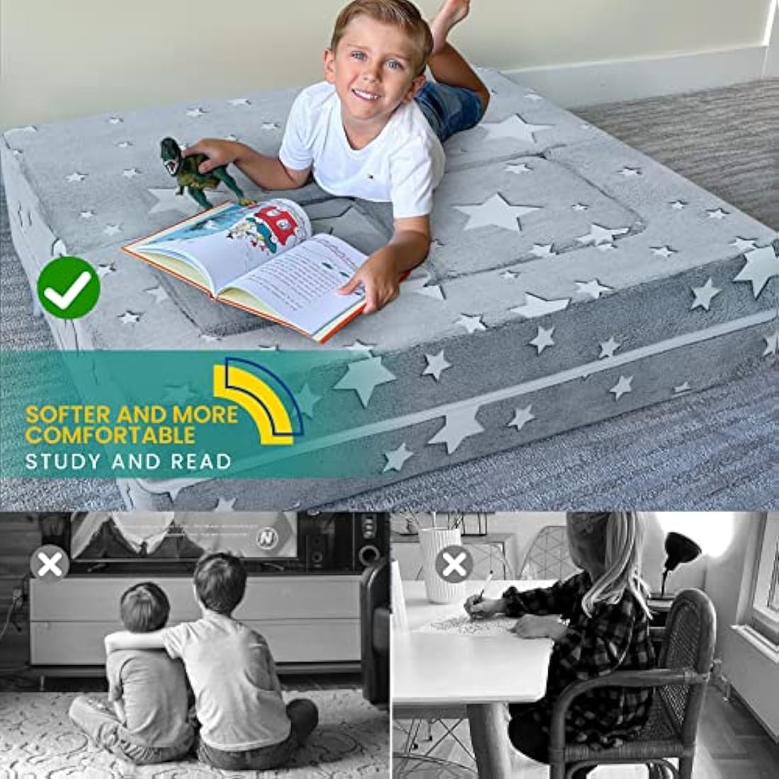 MeMoreCool Kids Sofa Bed, Modular Toddler Couch, Glow in The Dark Stars Kids Chair Lounger Fold Out, Baby Mini Couch Bedroom Furniture for Playroom, Grey Star