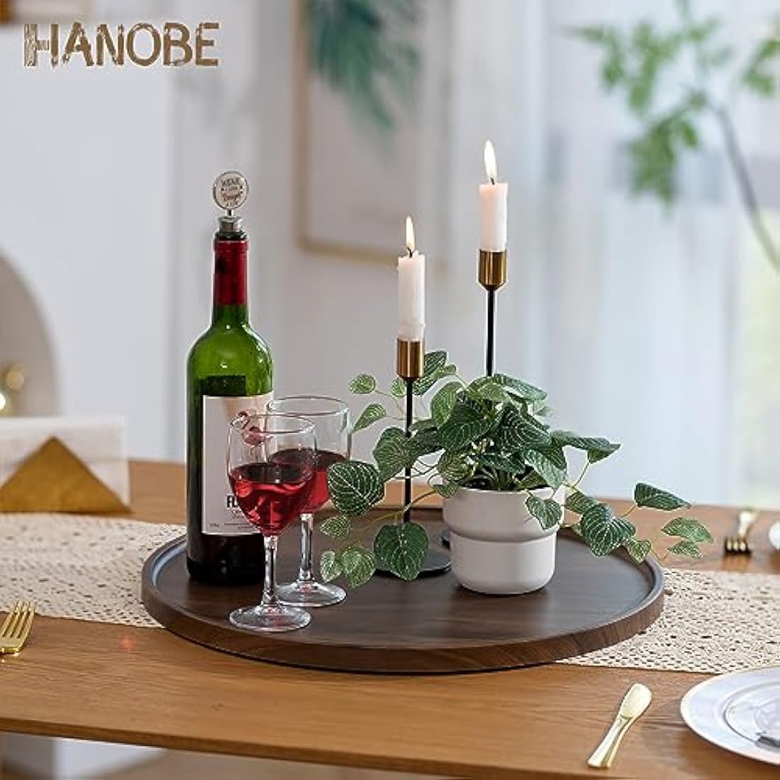 Hanobe Large Ottoman Serving Tray: Round Walnut Veneer Wooden Decorative Coffee Table Tray Rustic Circle Big Charcuterie Board Farmhouse Home Decor for Living Room 45cm