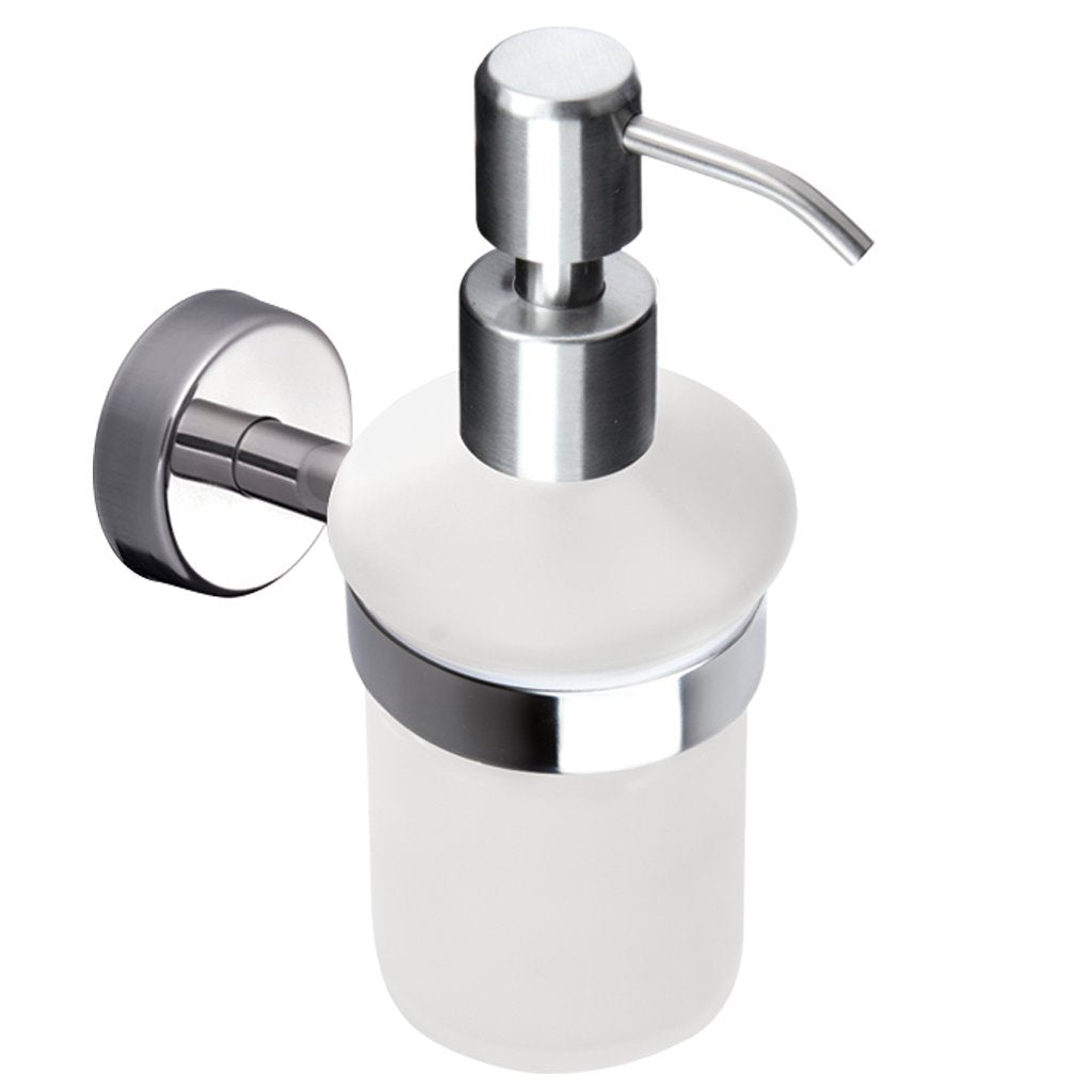 Kapitan Liquid Soap Dispenser and Holder, Frosted Glass, Wall Mounted, Stainless Steel AISI 304 18/10, Polished Finish, Made in EU, 20 Years Warranty