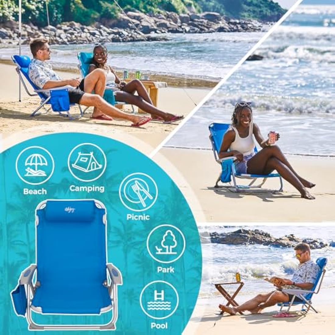 #WEJOY 4-Position Folding Beach Chair - Lightweight Aluminum Camping Chair for Adults, High Back Recliner with Pillow & Storage Pocket, Portable