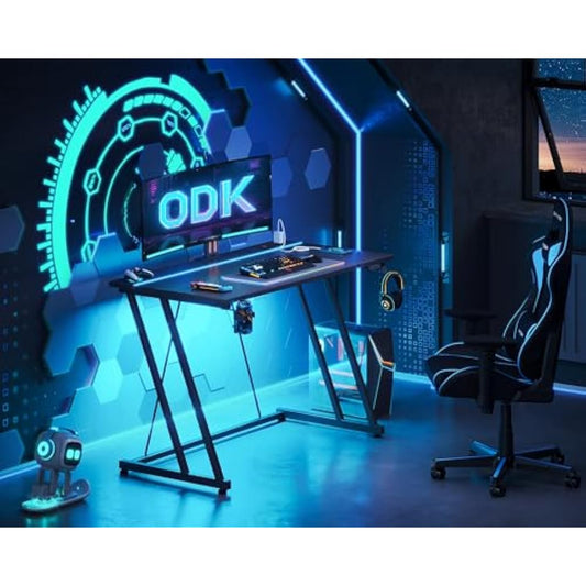 ODK Gaming Desk with LED Lights & Power Outlet, Gaming Table with Cup Holder and Headphone Hook, Double Z Frame Design Computer Desk, Carbon Fiber Black 100 cm