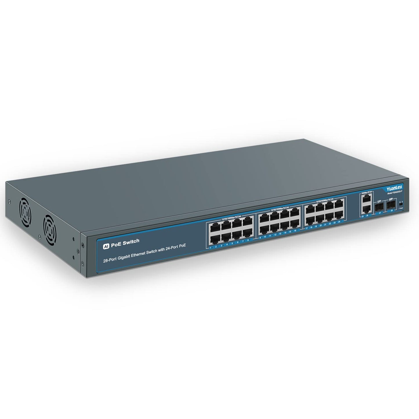 YuanLey 28 Port Gigabit PoE Switch with 24 Port PoE+@400W, 2 Gigabit Uplink Port, 2 SFP, Sturdy Metal for Desktop/Rack Mount, AI Watchdog, VLAN , Plug