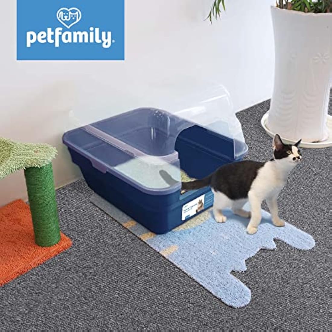 Petfamily 3-in-1 Cat Litter Box with Transparent Hood - Foldable Large Hooded cat litter Tray, Covered Cat Toilet with Anti-Leak Design, Space Saving Litter Pan for Kittens & Adult Cats 55x45x44cm