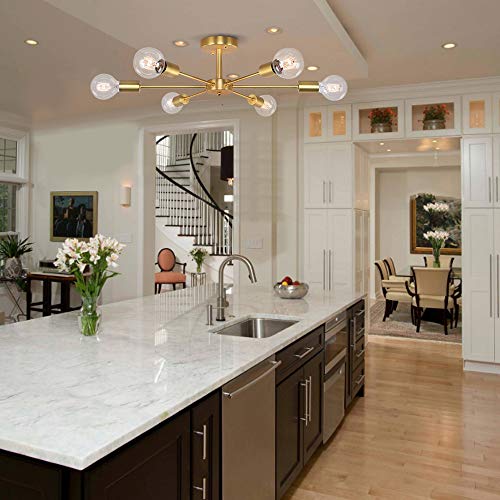 OYIPRO Ceiling Light Modern, 6-Light Chandelier, Semi-Flush Mount Indoor Lighting Fixture, E27 Base Brass Lamp, for Living Dining Room Bedroom Hallway