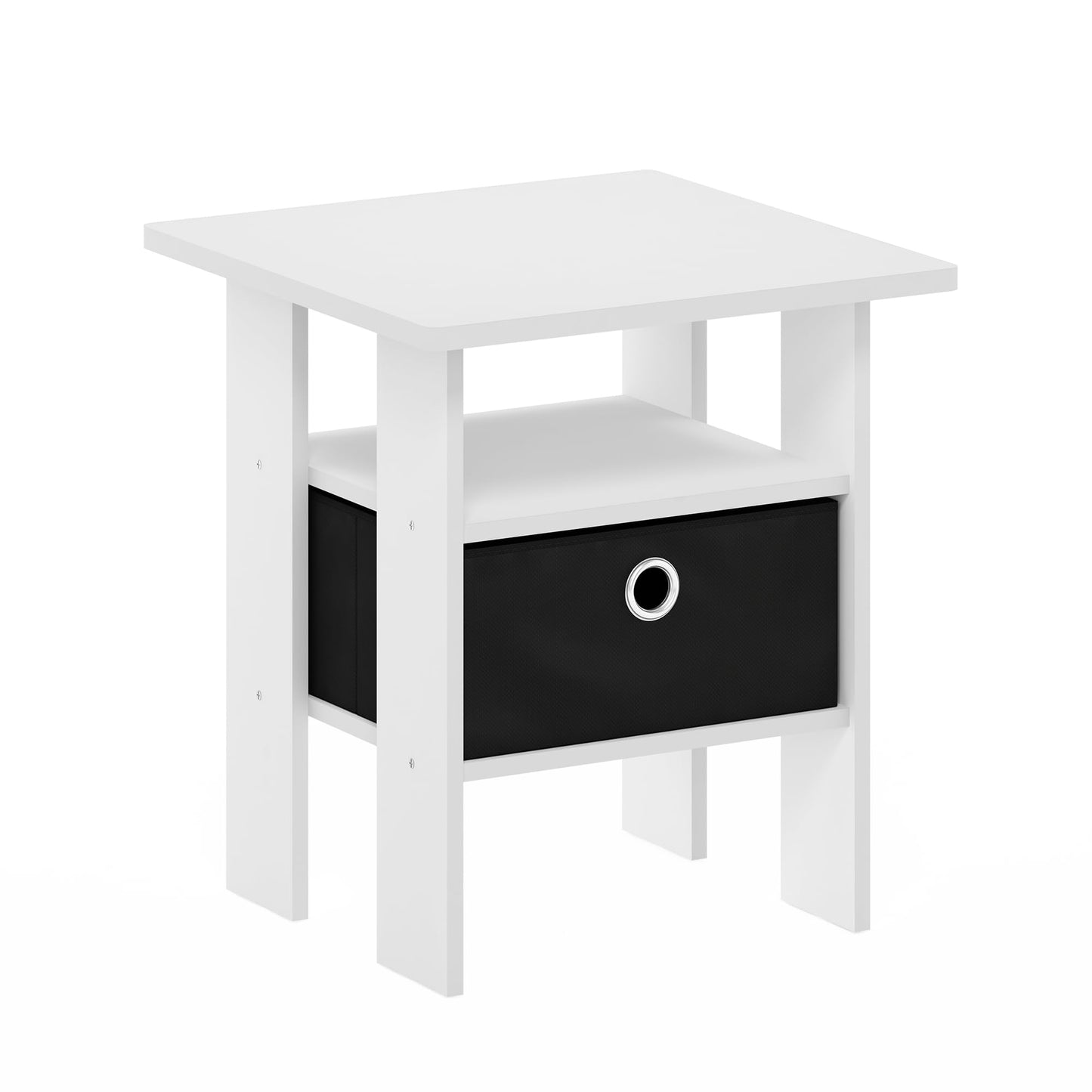 Furinno ANDREY Side Table, Bedside Table with Open Shelf and Storage Bin, Side Sofa Table, Bed Side Table, for Living Room, Bedroom, White