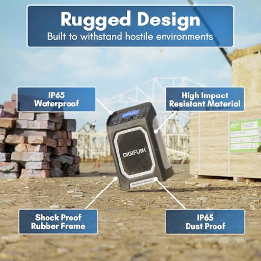DigiFunk Work Site Radio | USB Rechargeable | DAB+, DAB, FM, Bluetooth, AUX Input | IP65 Waterproof Rugged Durable Design | Perfect for Builders, Outdoors, Warehouse, Garage, DIYer, Shed