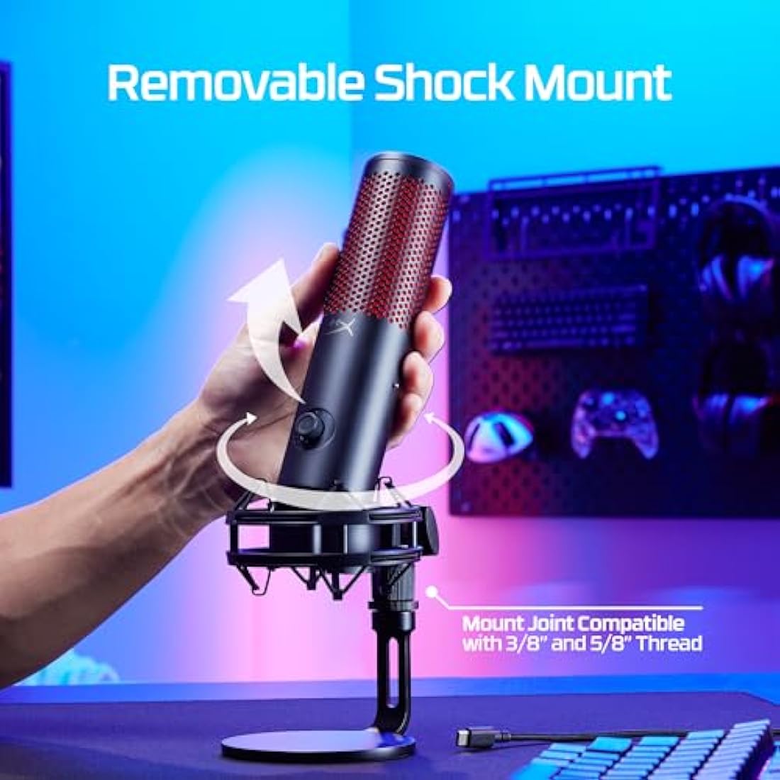 HyperX Quadcast 2 USB Microphone for Gaming, Streaming and Podcasting | On-Board Controls | LED Lighting | Quick Release Shock Mount | Built-in Arm/Stand Mount | PC, Mac, PS5, PS4 | USB-C | Black