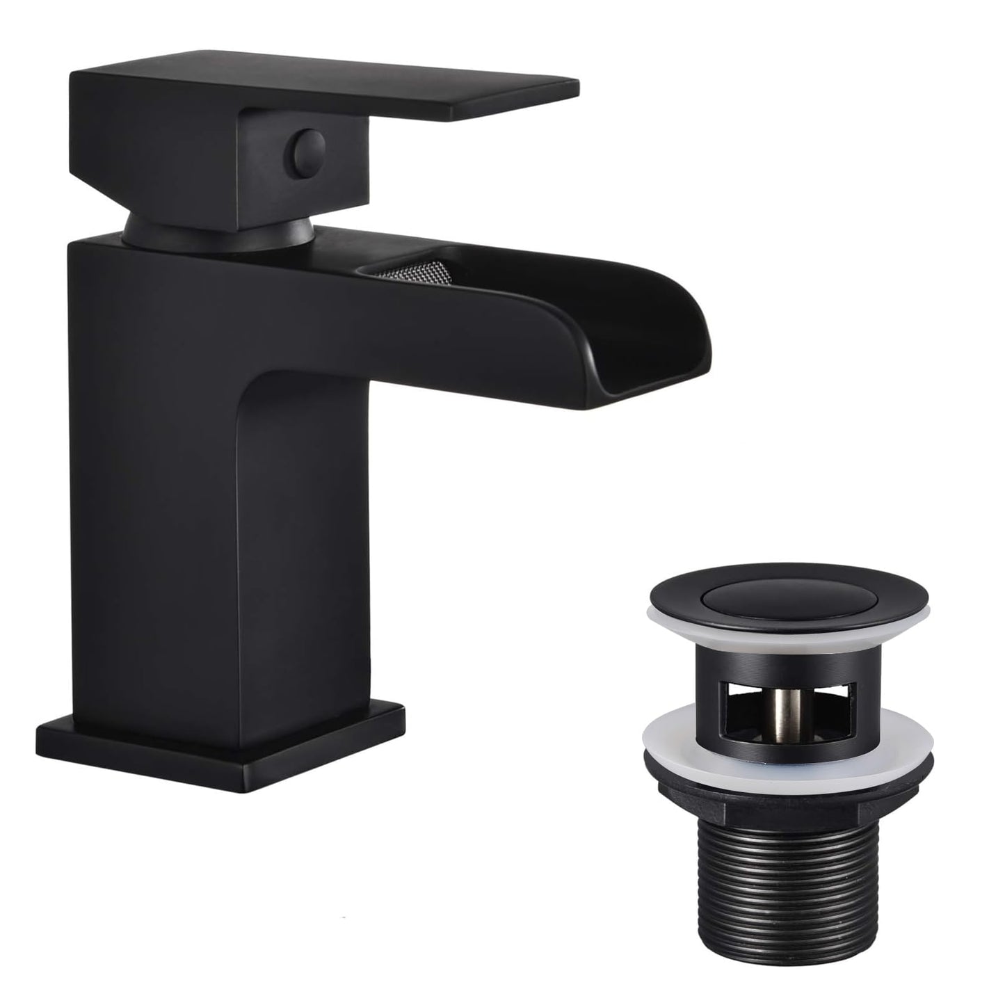 Funime Basin Mixer Taps Black Square with Slotted Pop-up Waste Waterfall Bathroom Sink Tap Brass Single Lever G1/2?? with Hoses Semi-Open Hot and Cold