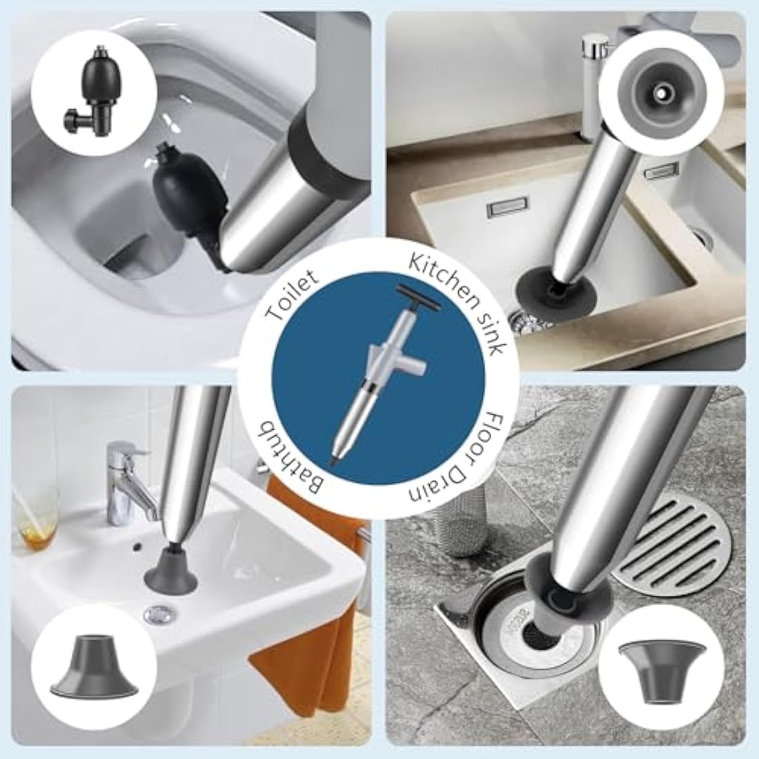 inShareplus Toilet Plunger, Grey Toilet Unblocker Heavy Duty, High Pressure Plunger Kit with 4 Replaceable Heads and 1 Gloves Plunger Sink Unblocker for Unblocking Toilets, Sink, Bathtub, Floor, Drain