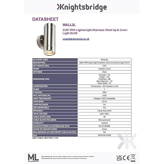 Knightsbridge Outdoor GU10 Up and Down Wall Light in Stainless Steel